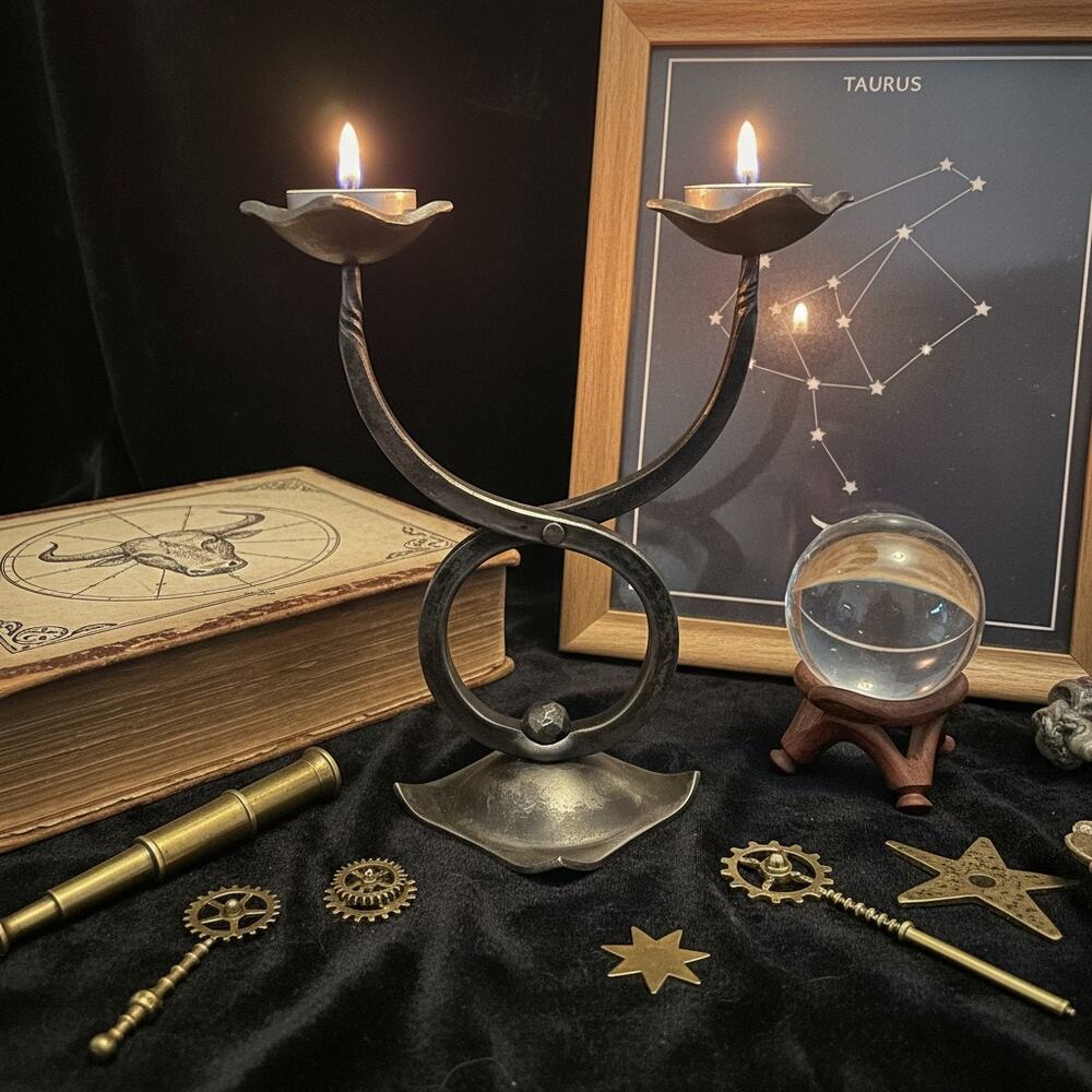 HEFAISTOS Prague Forged Iron Taurus Zodiac Candle Holder-Arts Crafts-Czech-Metal